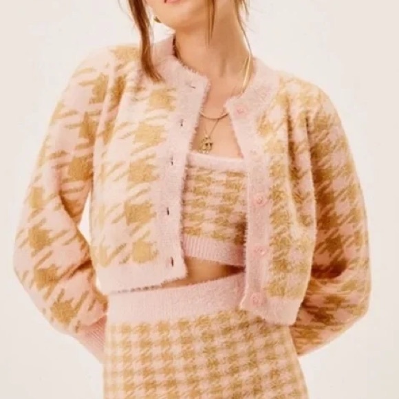 For Love and Lemon Fuzzy Plaid Pink and Tan Cher Cardigan - Picture 5 of 7